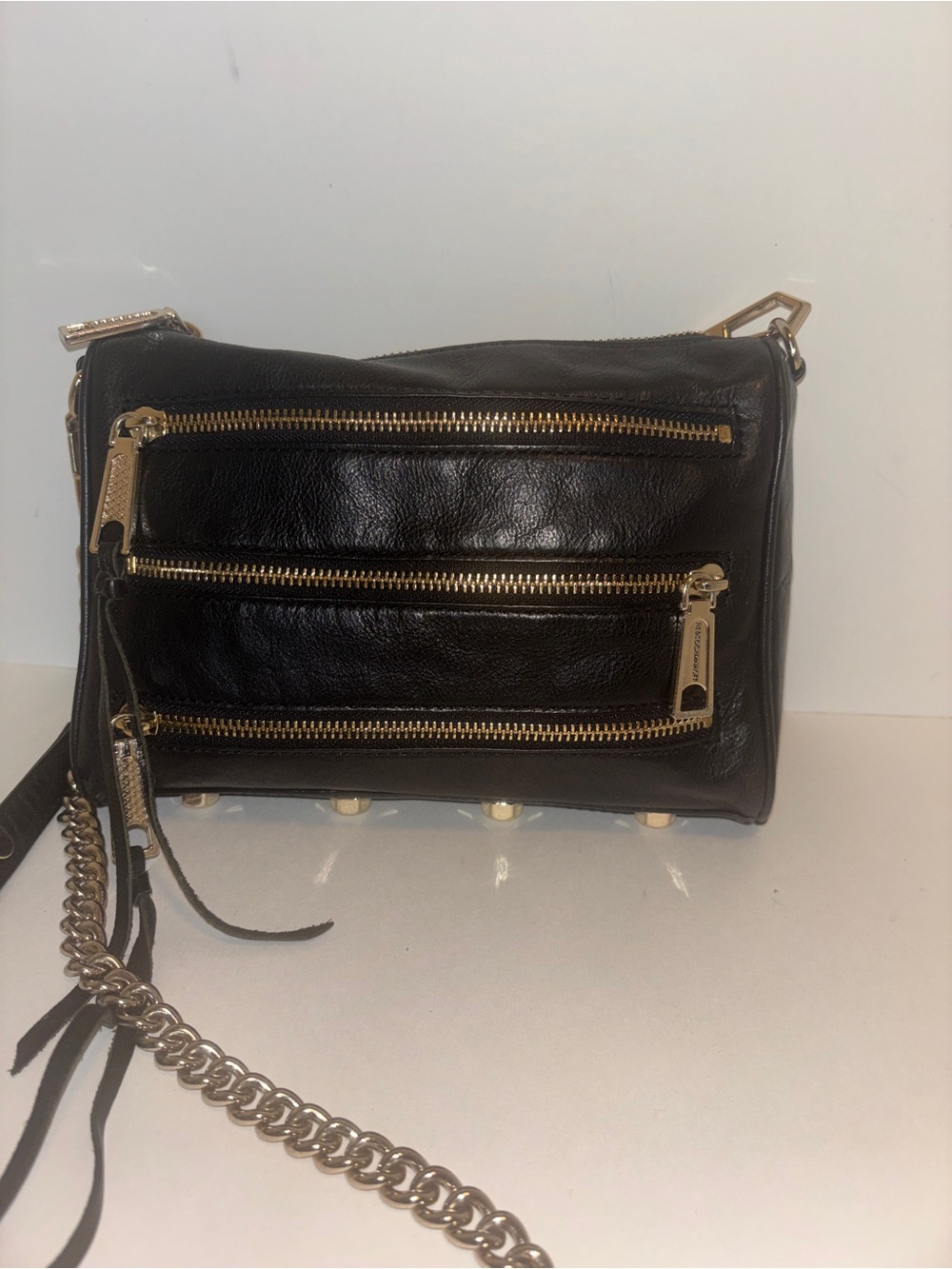 Rebecca Minkoff Black Leather Crossbody Bag with Gold Zippers and Chain